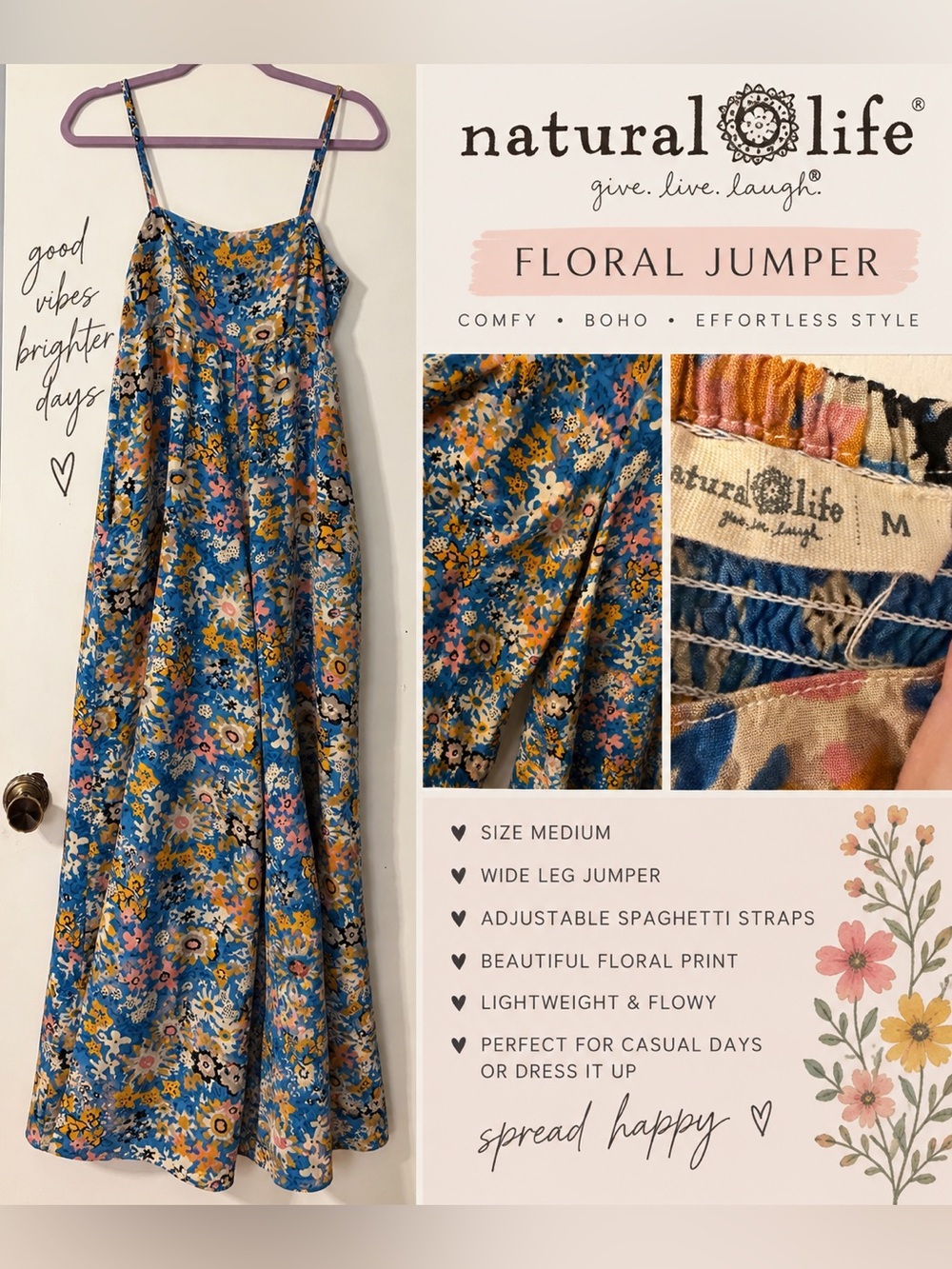 NATURAL LIFE Blue Floral Wide-Leg Jumpsuit with Adjustable Straps